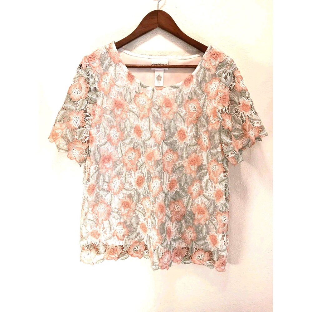 Alfred Dunner women’s large Short Sleeve blouse White Peach Floral Lace overlay